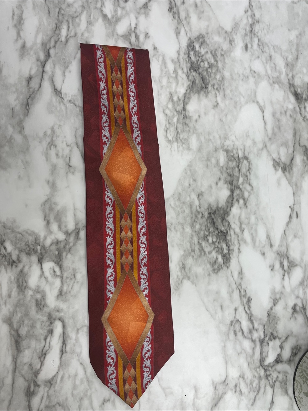 Men's Burgundy and Orange Patterned Tie